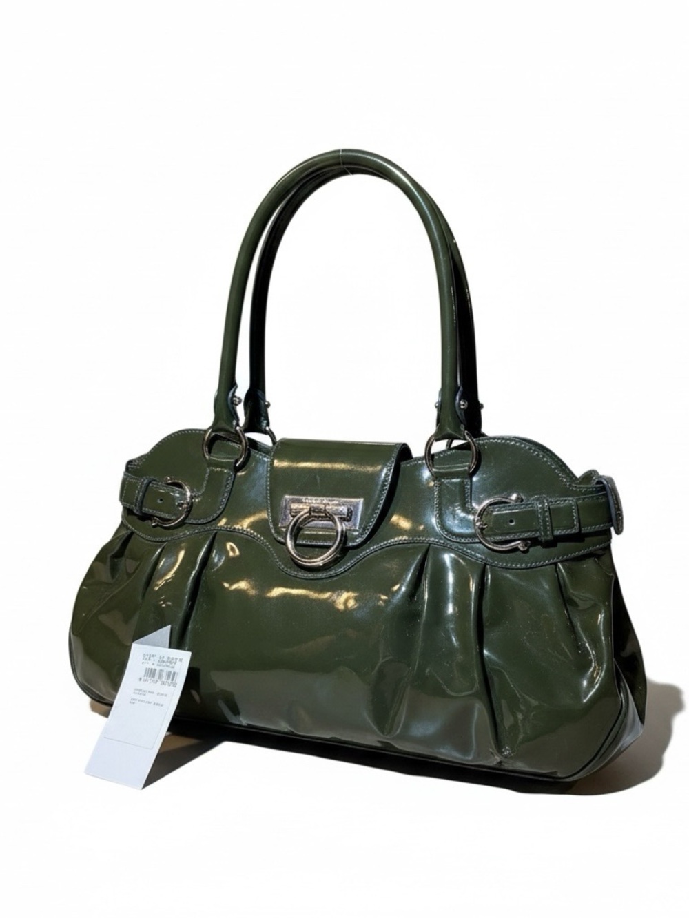 Salvatore Ferragamo Olive Green Patent Leather Marisa Gancini Satchel Auth
